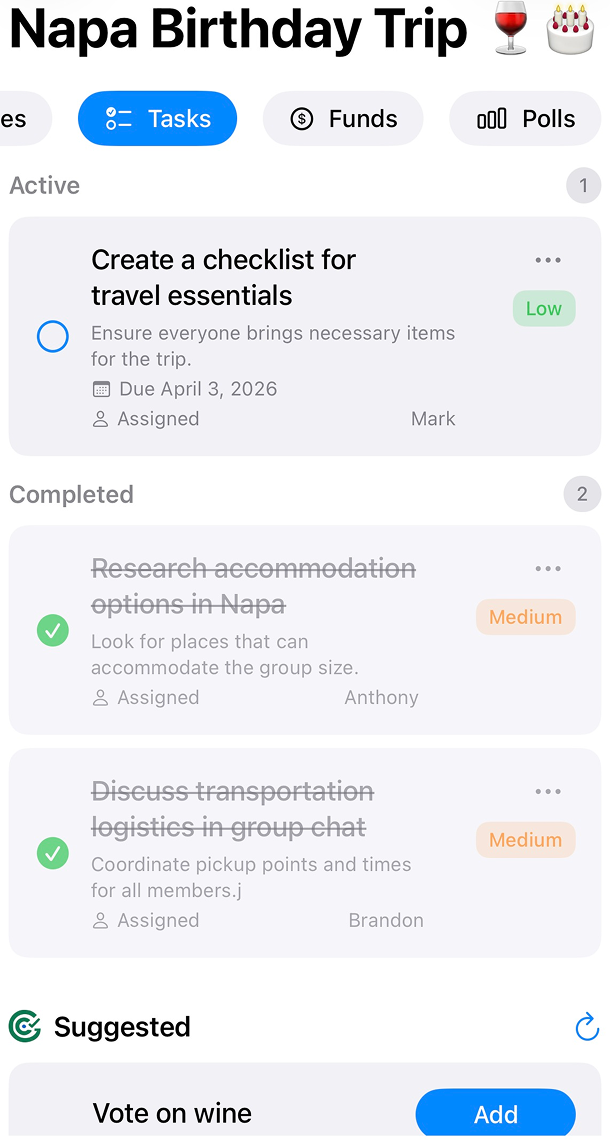 GoalExecution tasks view with assignments and due dates